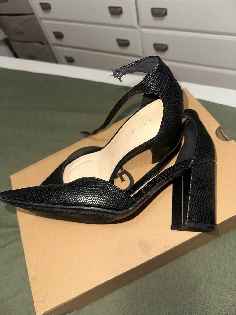 Nine West Black Textured Pointed-Toe Ankle-Strap Heels - Picture 2 of 3